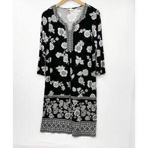 J.‎ Jill Dress Womens Floral V-Neck Pullover 3/4 Sleeve Black White Size S Tall